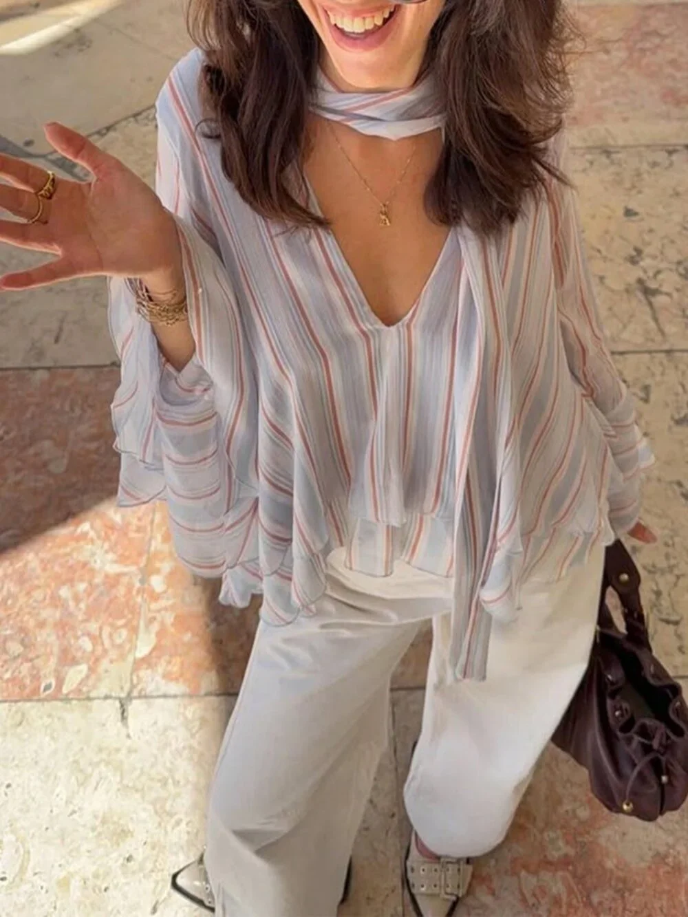 Women's Striped Chiffon Blouse V-Neck Ruffle Sleeve Necktie